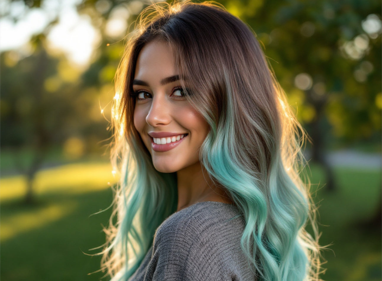 Mint Julep -BRUNETTE -Pre-order In style in last photo with more mint green ends no blue. With shadow root like first pic.
