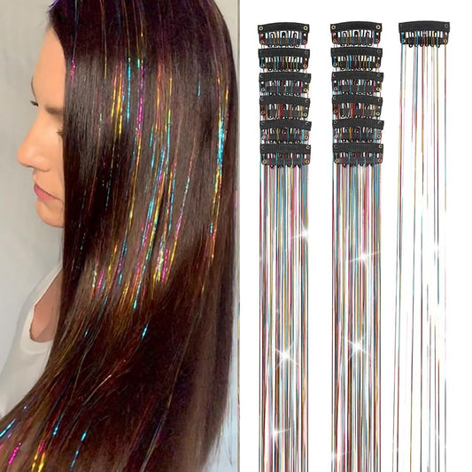 12Pcs Hair Tinsel Clip in 20.5 Inch Rainbow Fairy Hair Tinsel Kit Hair Accessories for Women Girls Kids Glitter Hair Extensions for Christmas Halloween New Year Party (Rainbow)
